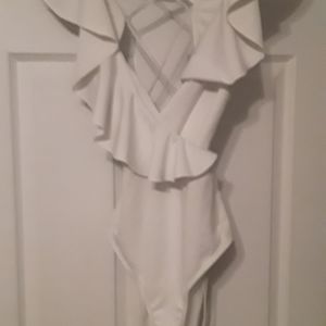 Shein white bodysuit lace up back ruffle